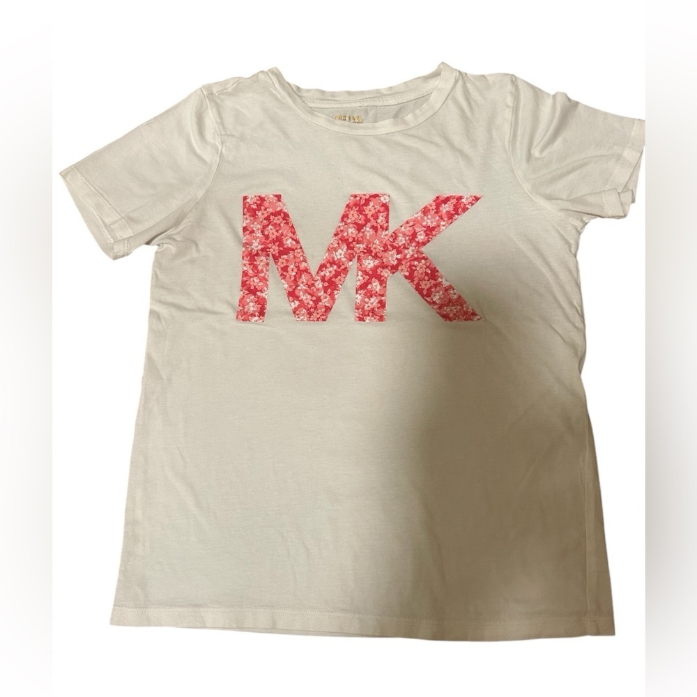 Michael Michael Kors White Pink Floral MK Logo Tee Clean Girl Women’s XS